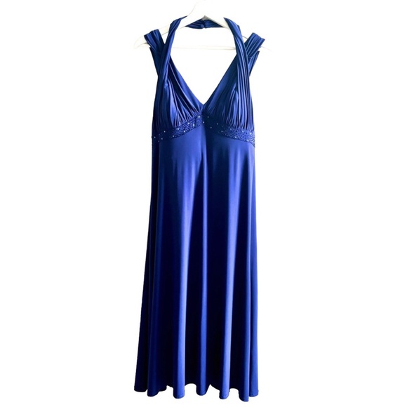 Cobalt Blue A-Line Halter Strap Midi Sequins Dress  16 - Picture 3 of 15